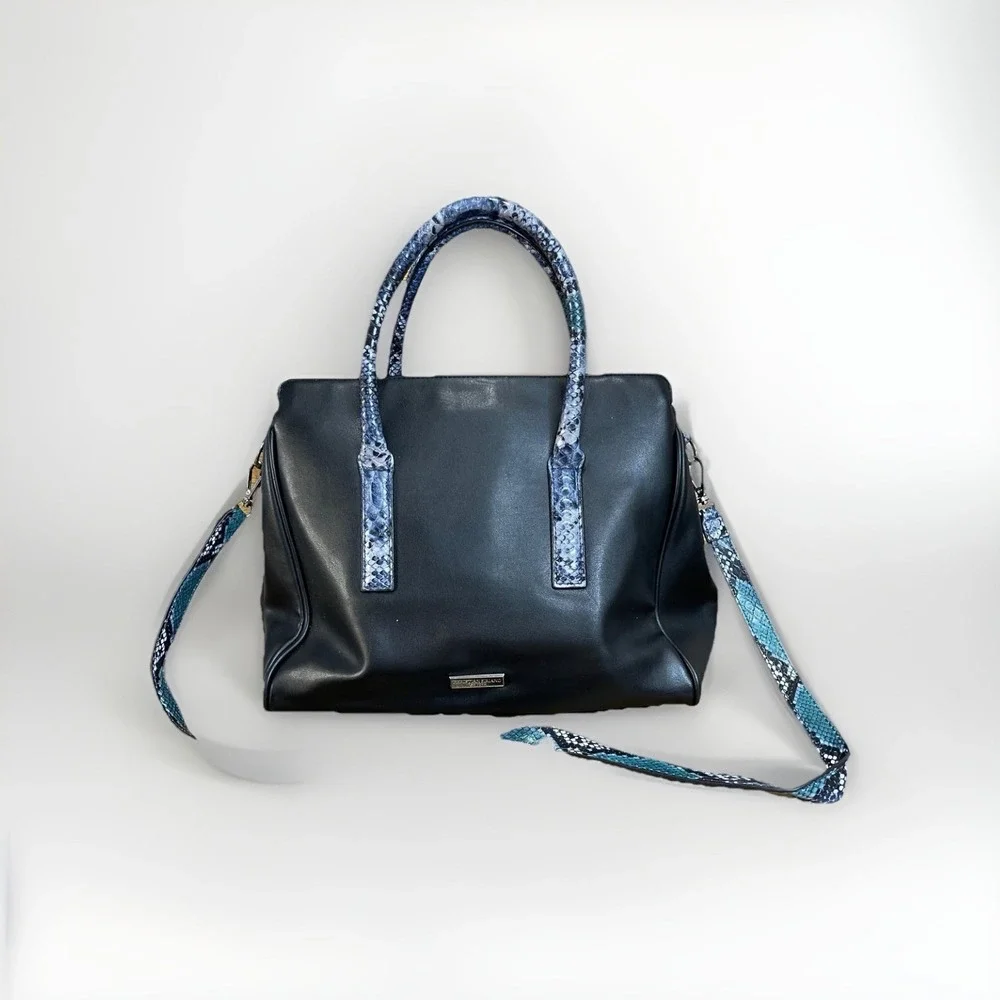 Christian Siriano New York Black Faux Leather Satchel Tote Blue Python B1